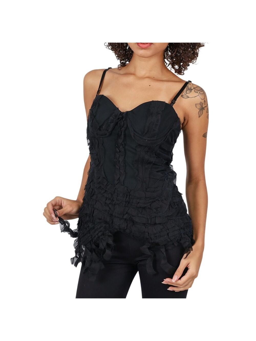 Elizabeth and James Black Ruffled Corset Tank Top